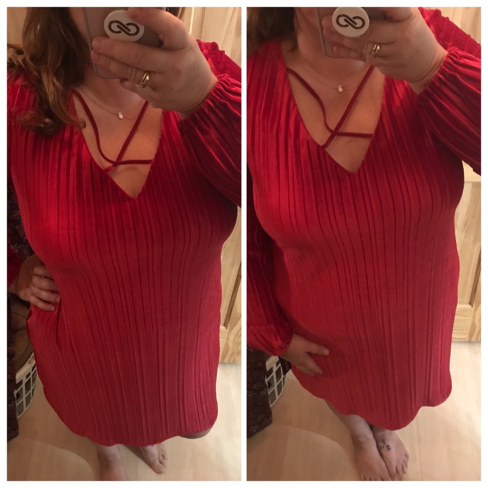 Madison Leigh Dramatic Long Sleeve Valentines Red Textured Criss Cross Dress